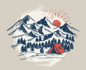 Sketch Camping in nature set, Mountain landscape, vector illustrations.	
