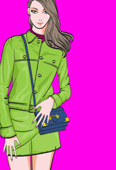 Young beautiful woman in summer clothes. Sale concept. Hand-drawn fashion illustration