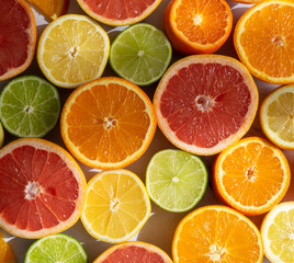 Citrus fruits cut halves arranged beside each other, top view
