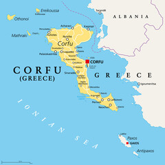 Corfu, island of Greece, political map. Also known as Kerkyra, a Greek island in the Ionian Sea and part of the Ionian Islands. With Othonoi, Ereikoussa and Mathraki it forms the Corfu Regional Unit. - obrazy, fototapety, plakaty