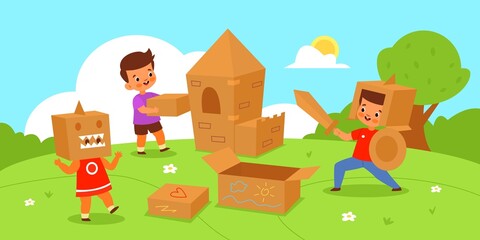 Kids play cardboard boxes. Children outdoor activity, funny game in nature, creativity and imagination, handmade toy castle, horizontal poster or banner, vector cartoon flat concept