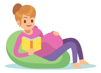Pregnant woman reading book on couch. Leisure time