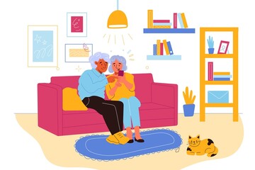 Senior people gadgets in room. Happy elderly couple on sofa in living room, pensioners mastering new device, grandparents hold smartphone, online communication vector cartoon flat concept
