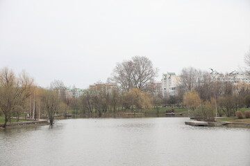 Landscape park and pond in Butovo, Moscow, spring April 2022.