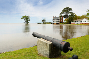 Swiss cannons overlook the waterfront of Edenton Bay in Edenton, North Carolina USA.