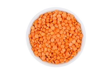 Lentils on an isolated white background. Lentils in a white bowl.