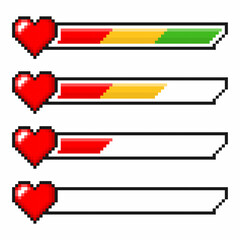 Pixel gaming life bar. Vector art 8 bit health heart bar. Game controller, a set of characters.