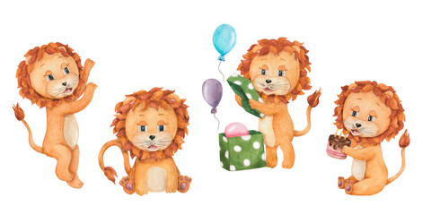 Naklejka premium Set of cute cheerful baby lions. Hand drawn watercolor children illustrations for baby shower. For your design of invitations, posters, postcards. Atmosphere of Birthday party. Cartoon style.