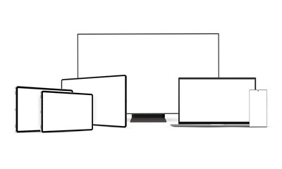 Wide TV, Tablets, Laptop and Smartphone. Modern Devices Mockups With Blank Screens, Isolated on White Background. Vector Illustration