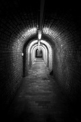 Black and white vertical shot of underground brick tunnel