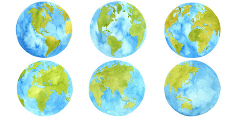 Watercolour set Planet Earth isolated on white background. Symbol of life, nature, foundation, ecology, international events. Clip art element for design. - obrazy, fototapety, plakaty