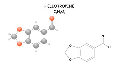 Stylized molecule model/structural formula of heliotropine. Use as fragrance in perfumery and cosmetic industry.