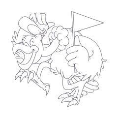 Coloring illustration of cartoon happy venture bird holding a flag