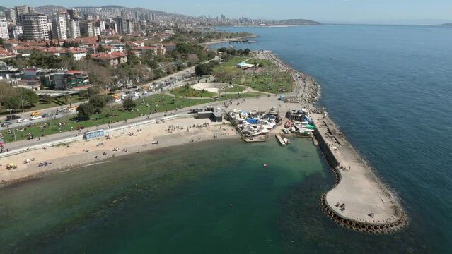 Aerial view of park in Caddebostan district on the Marmara Sea coast of the Asian side of Istanbul, Turkey.