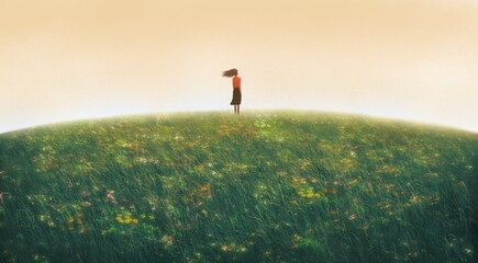 Fototapeta Woman alone in nature. freedom, hope, motivation, inspiration,  lonely and loneliness concept, Lanscape painting art, 3d illustration, grass field. obraz