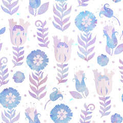 Seamless pattern. Floral ornament. Raster illustration. Grunge retro background with blue flowers for design. Printing on fabric or paper.