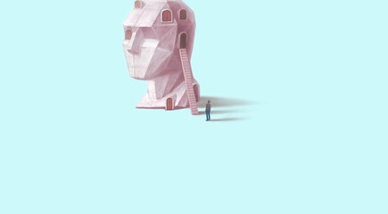 Concept idea of brain, psychology, mind, think, success, way, dream, and choice. Conceptual 3d illustration. minimal art. Surreal painting of a man and human head sculpture.