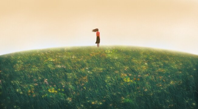 Woman alone in nature. freedom, hope, motivation, inspiration,  lonely and loneliness concept, Lanscape painting art, 3d illustration, grass field.