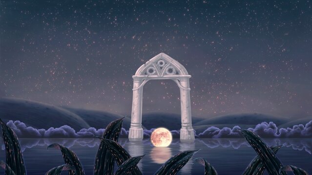 The moon in the river. Surreal landscape 3d illustration. conceptual artwork. fantasy art of nature.