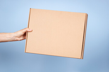Woman hand holding brown ecological package box made of natural corrugated cardboard. Mockup...