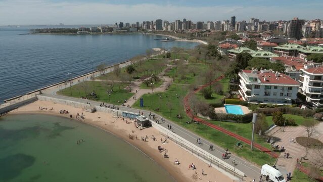Aerial view of park in Caddebostan district on the Marmara Sea coast of the Asian side of Istanbul, Turkey.