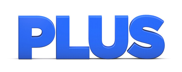 Plus Text isolated on white background. Blue Plus 3D. 3D rendering. 3D illustration