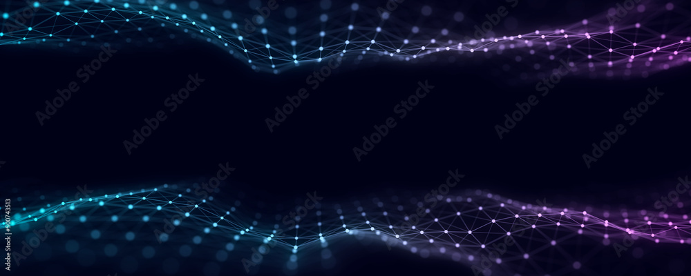 Wall mural abstract futuristic wave with moving dots. flow of colored particles and lines. cyber technology ill