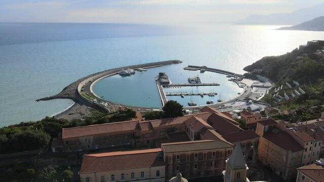 Ventimiglia, Imperia, ripresa aerea dal porto fino alla parte alta della citt&agrave;. 