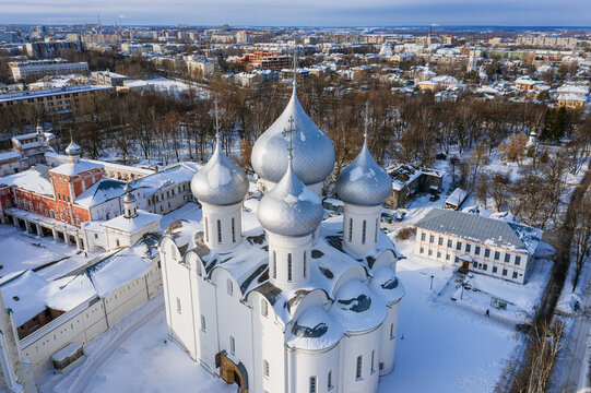 Vologda in winter. Aerial view of the Resurrection Cathedral, the Bell Tower of St. Sophia Cathedral and the Church of the Nativity of Christ in the Bishop's Courtyard.
