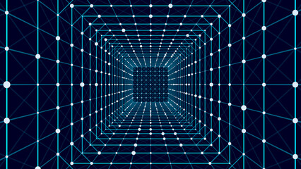 Cyber square tunnel consisting of moving glowing points. Futuristic infinite space background. Concept of data transfer in cyberspace. Hi-tech illustration. Vector illustration.
