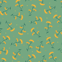 Spring seamless floral pattern - hand drawn design. Green vintage background with yellow flowers. Spring botanical endless print Vector illustration