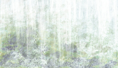 岩肌のテクスチャとメタリックな質感の水流・抽象的な滝の和風背景イラスト緑系
