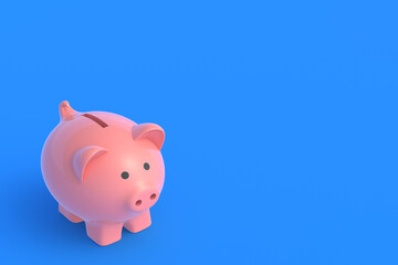 Piggy bank on blue background. Copy space. 3d render