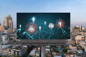 World planet Earth map hologram of social media icons over sunset panoramic cityscape of Bangkok, Southeast Asia. The concept of people connections.