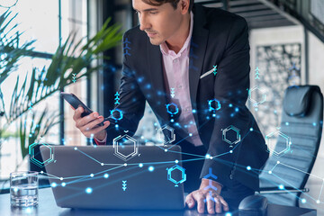 Businessman in suit using smart phone to optimize development by implying new technologies in...