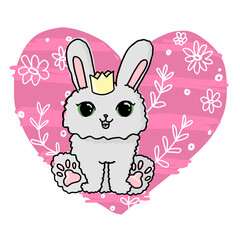 Cute little bunny princess. Baby animal with crown, kid illustration. Pink heart doodle line flowers background isolated.