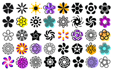 Abstract flowers, vector floral design elements. Flat floral  icons, geometric ornament set, group of decorative designs.