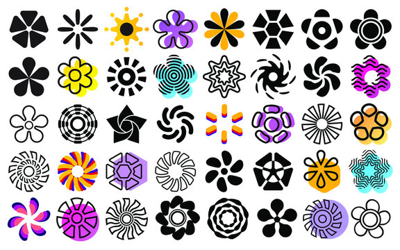 Abstract flowers, vector floral design elements. Flat floral  icons, geometric ornament set, group of decorative designs.