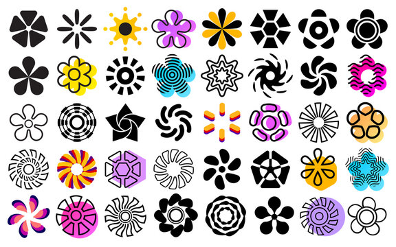 Abstract flowers, floral design elements. Flat floral  icons, geometric ornament set, group of decorative designs.