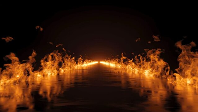 3d animation. Long burning road, ground is on fire. Blazing flames on black background