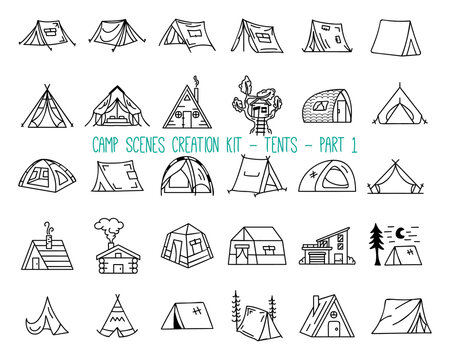 Set of linear icons of camping tents