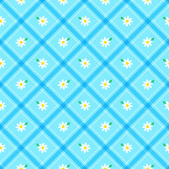 Cute White Daisy Flower Element Pastel Blue Green Diagonal Stripe Striped Line Tilt Checkered Plaid Tartan Buffalo Scott Gingham Pattern Flat Cartoon Vector Seamless Pattern Print Background Fashion 