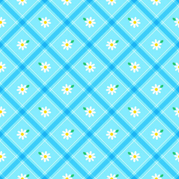 Cute White Daisy Flower Element Pastel Blue Green Diagonal Stripe Striped Line Tilt Checkered Plaid Tartan Buffalo Scott Gingham Pattern Flat Cartoon Vector Seamless Pattern Print Background Fashion 