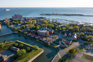 Aerial view of Fort Monroe, Old Point Comfort Marina and the Hampton Roads Bridge Tunnel - obrazy, fototapety, plakaty