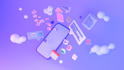 Social media app, smartphone notifications, messages and interface, 3d render illustration