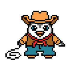 Obraz premium Cowboy penguin with a whip, cute pixel art animal character isolated on white background. Old school retro 80s, 90s 8 bit slot machine, computer, video game graphics. Cartoon wild west herder mascot.