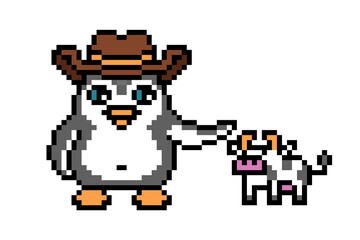 Cowboy penguin in a hat with a toy cow, cute cartoon pixel art animal character isolated on white background. Old school retro 80s, 90s 8 bit slot machine, video game graphics. Wild west herder mascot