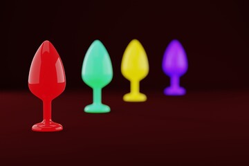Anal plugs. Toys for adults. Different glowing colors on a dark background. Sex shop, intimate entertainment concept. 3D render.