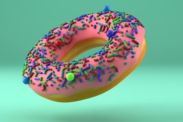 Donut with icing and sprinkles on a green background. Levitation. 3D render