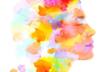 Paintography. Colorful watercolor wash combined with a portrait of a woman - Powered by Adobe
